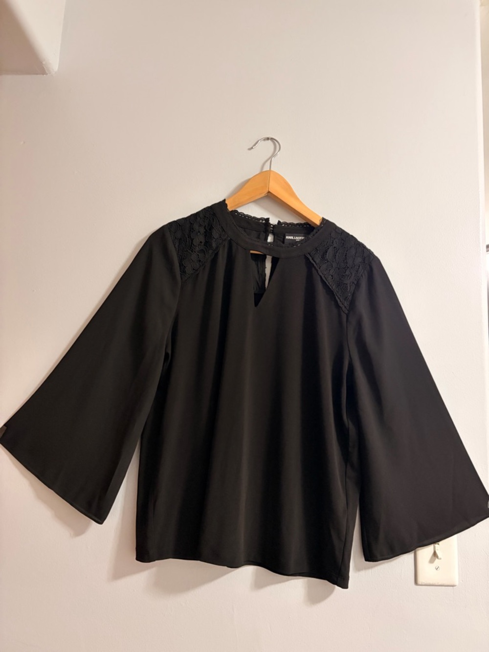 Karl Lagerfeld Black Lace-Yoke Keyhole Blouse